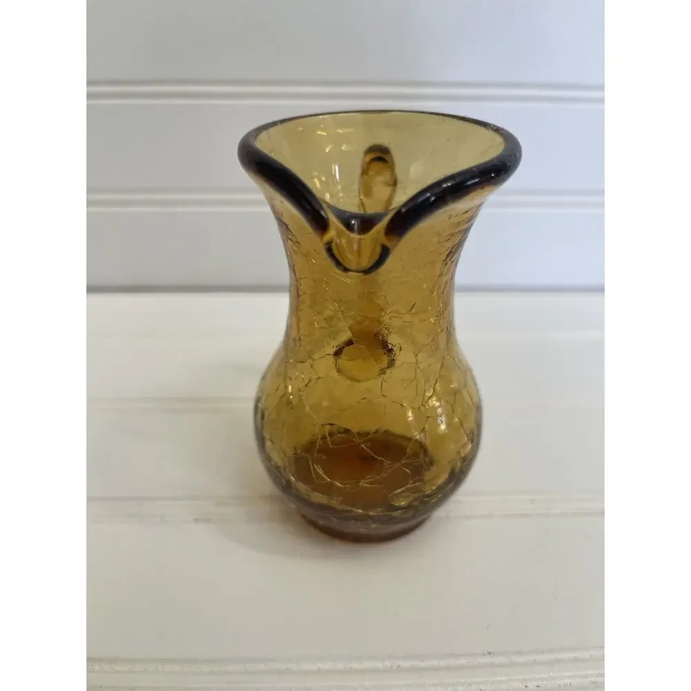 Vintage Pitcher Vessel Cottagecore MCM Amber Crackle Glass 4 1/4